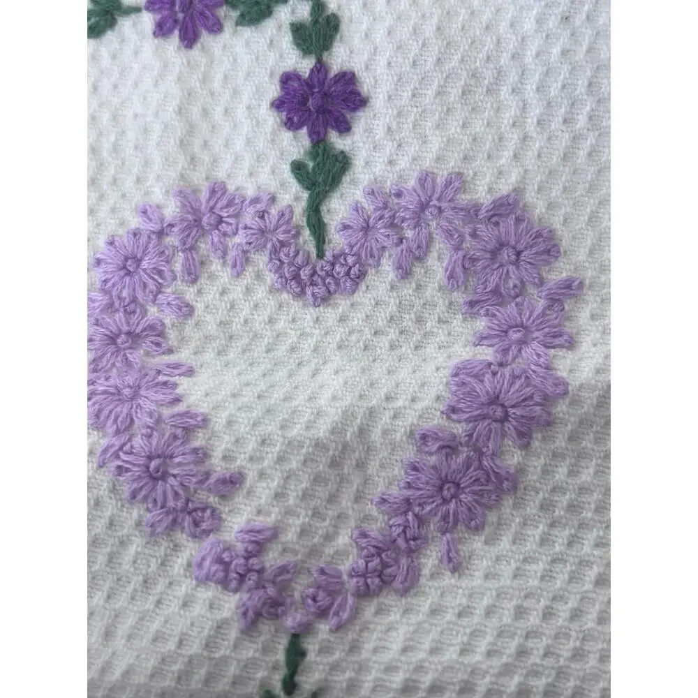 Hand Stitched Vintage Linen Runner Cross Stitch Purple Hearts 34x14 Cottagecore